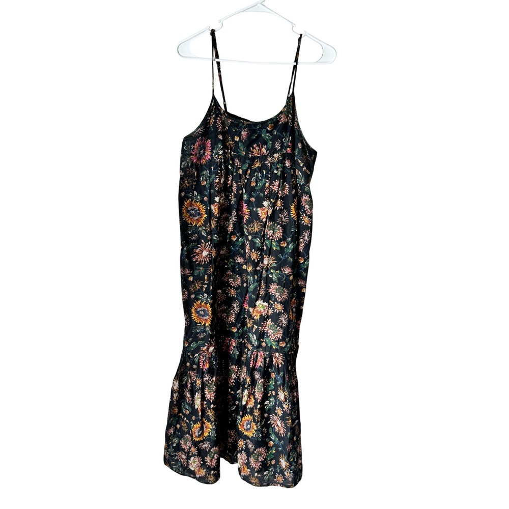 Natural Life Black Floral Sunflower Cotton Tiered Midi Sundress Large